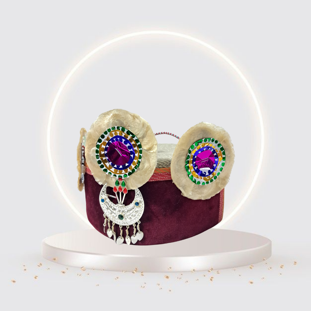 Himachali Traditional Tweed Topi with Maroon Patti and Pom-Poms Flower, Silver Chand on top Unisex Cap