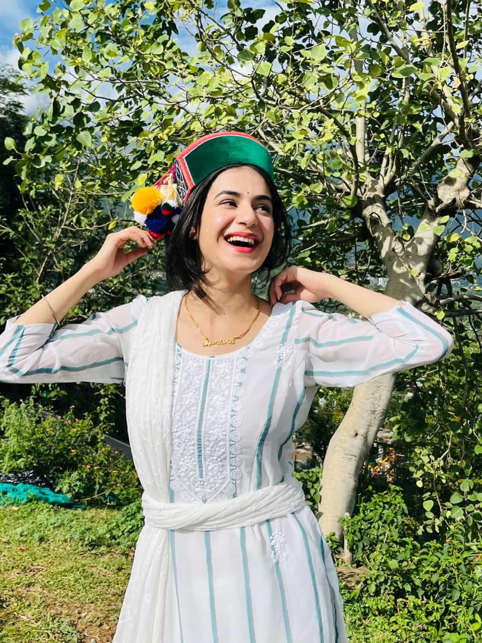 Pure Angora Wool Himachali Green Color Cap With Kinnauri Flower  | All-Season Traditional Pahadi Topi  | Unisex & Handcrafted