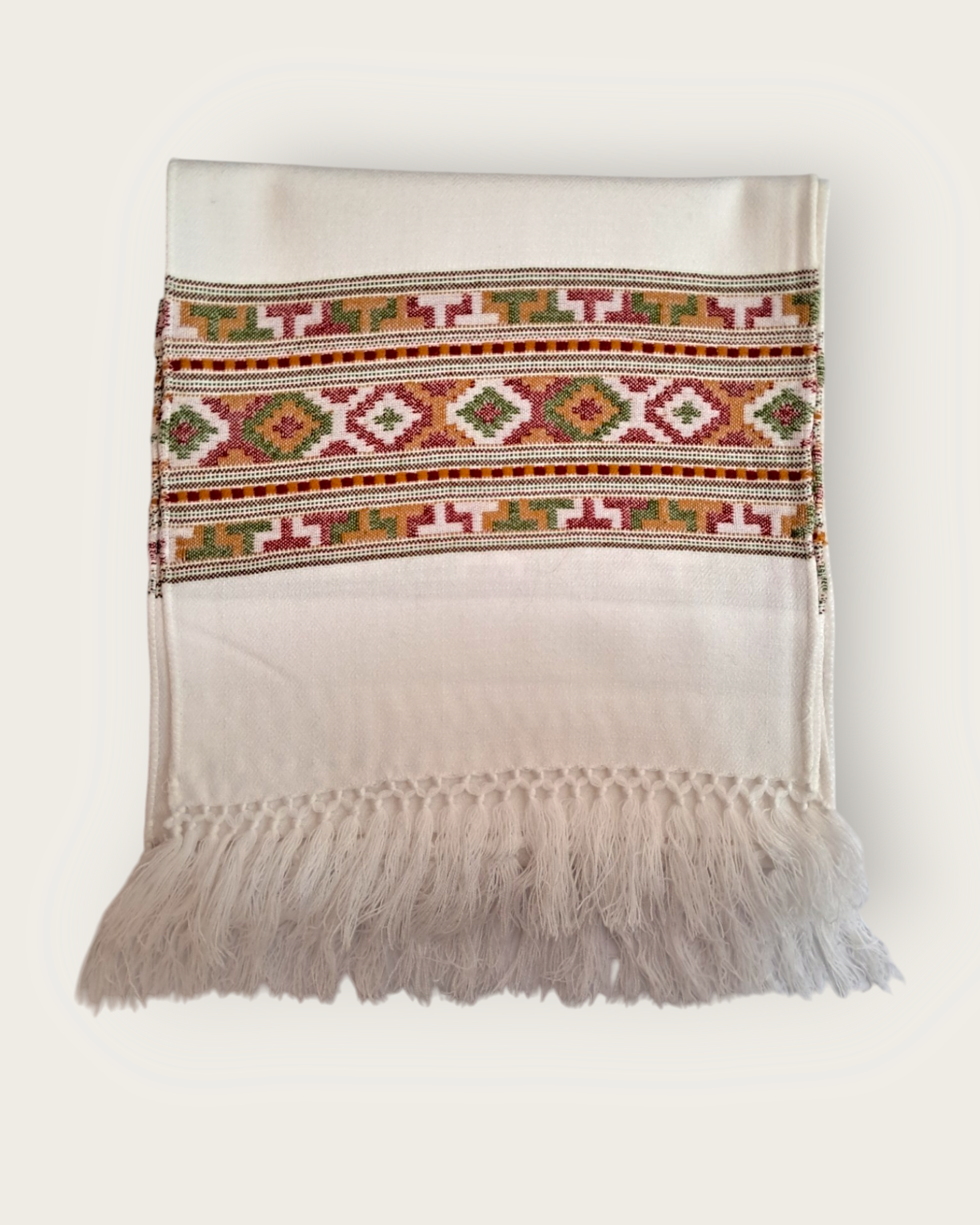 Kullu III Patti white Woolen Muffler – Handcrafted with Traditional Himachali Designs for Ultimate Warmth, Comfort, and Style by Himalyan Threads