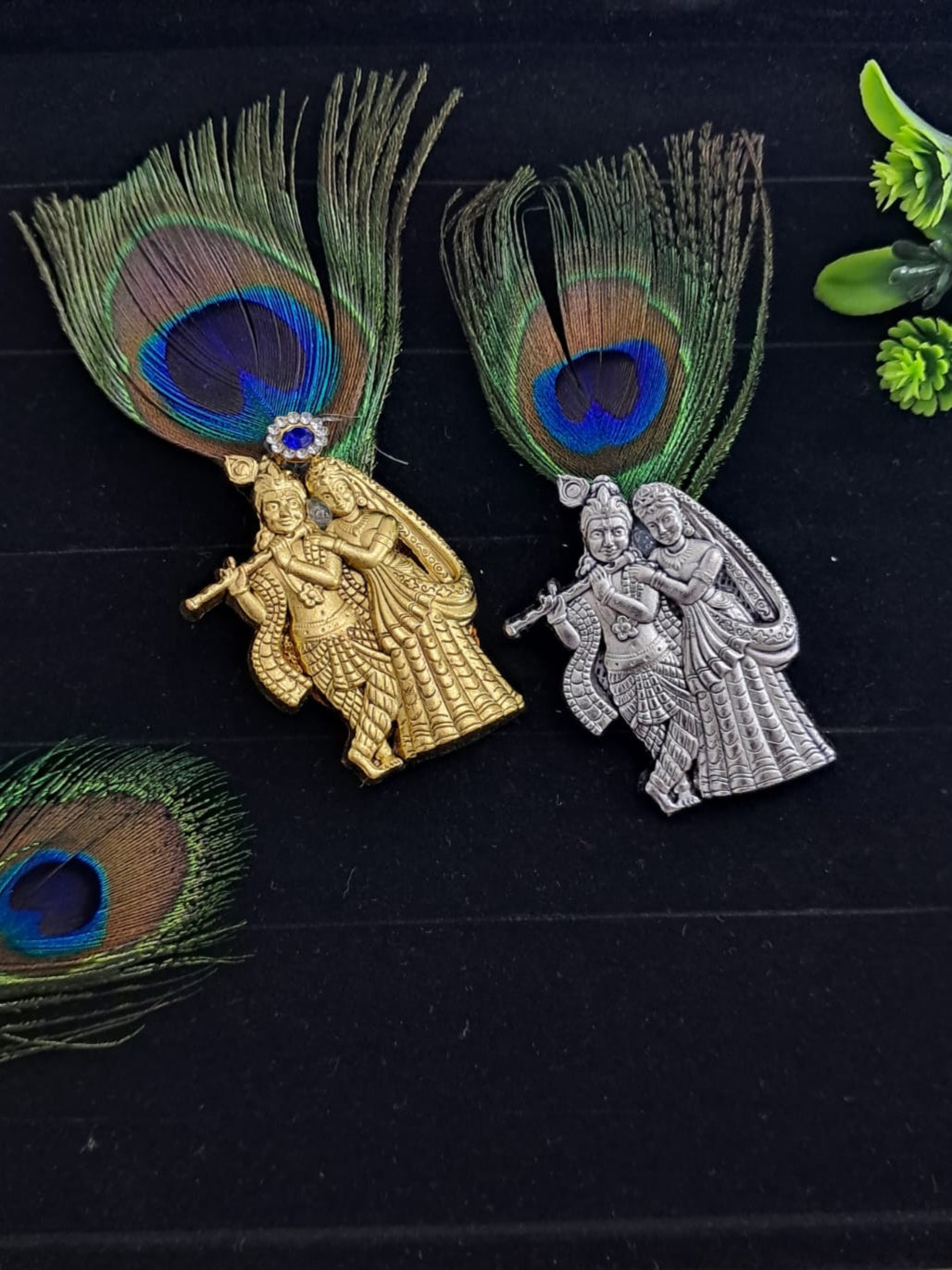 Authentic Himachali &amp; Uttarakhandi Cap Kalgi – Radhe Krishna Brooch for Pahadi Topi Combo Pack Of 2