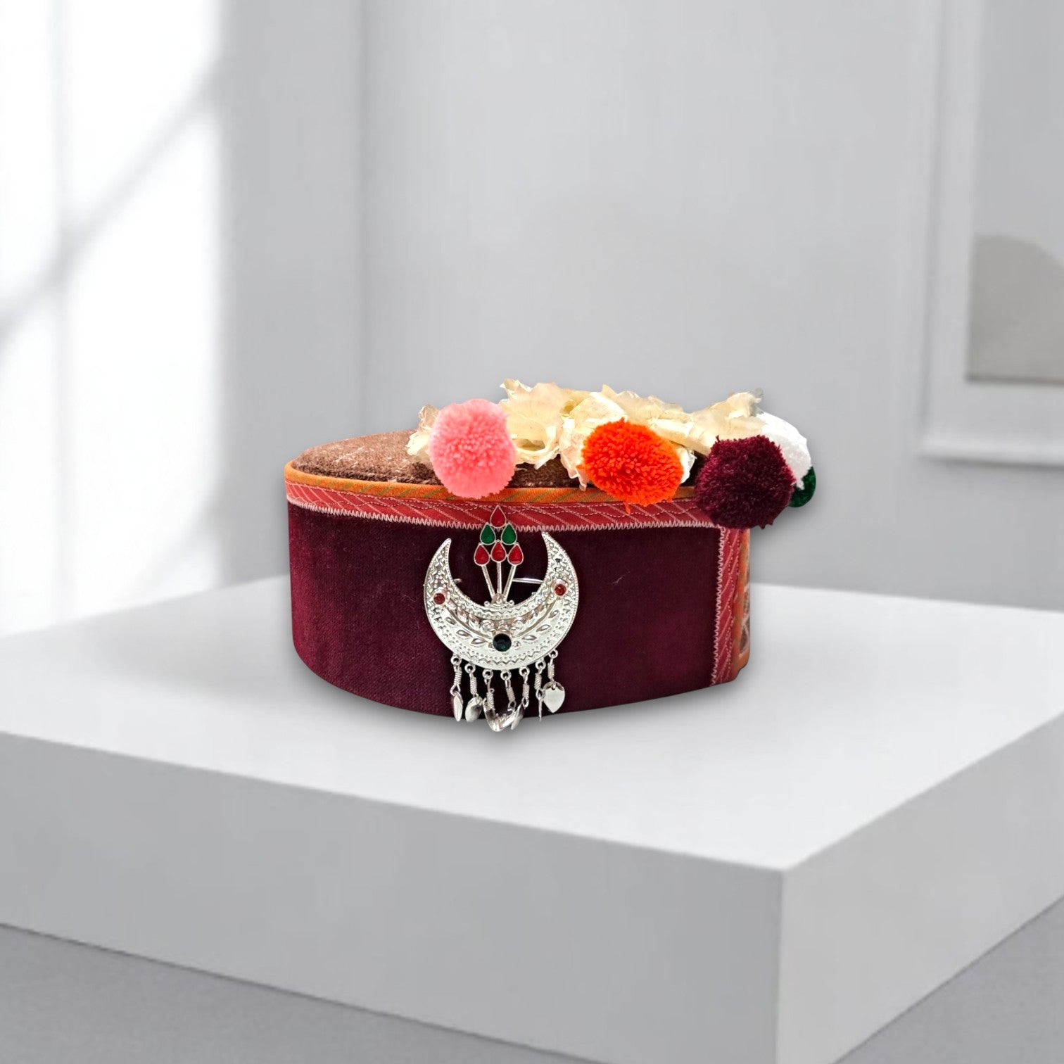 Himachali Traditional Kinnauri Topi with Maroon Patti and Pom-Poms Flower, Silver Chand on top Unisex Cap