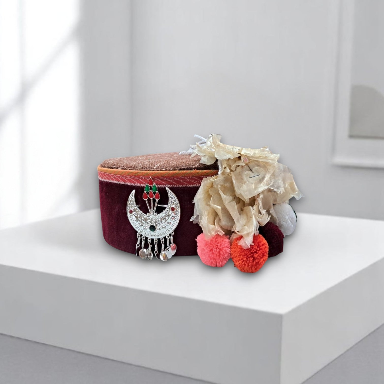Himachali Traditional Kinnauri Topi with Maroon Patti and Pom-Poms Flower, Silver Chand on top Unisex Cap