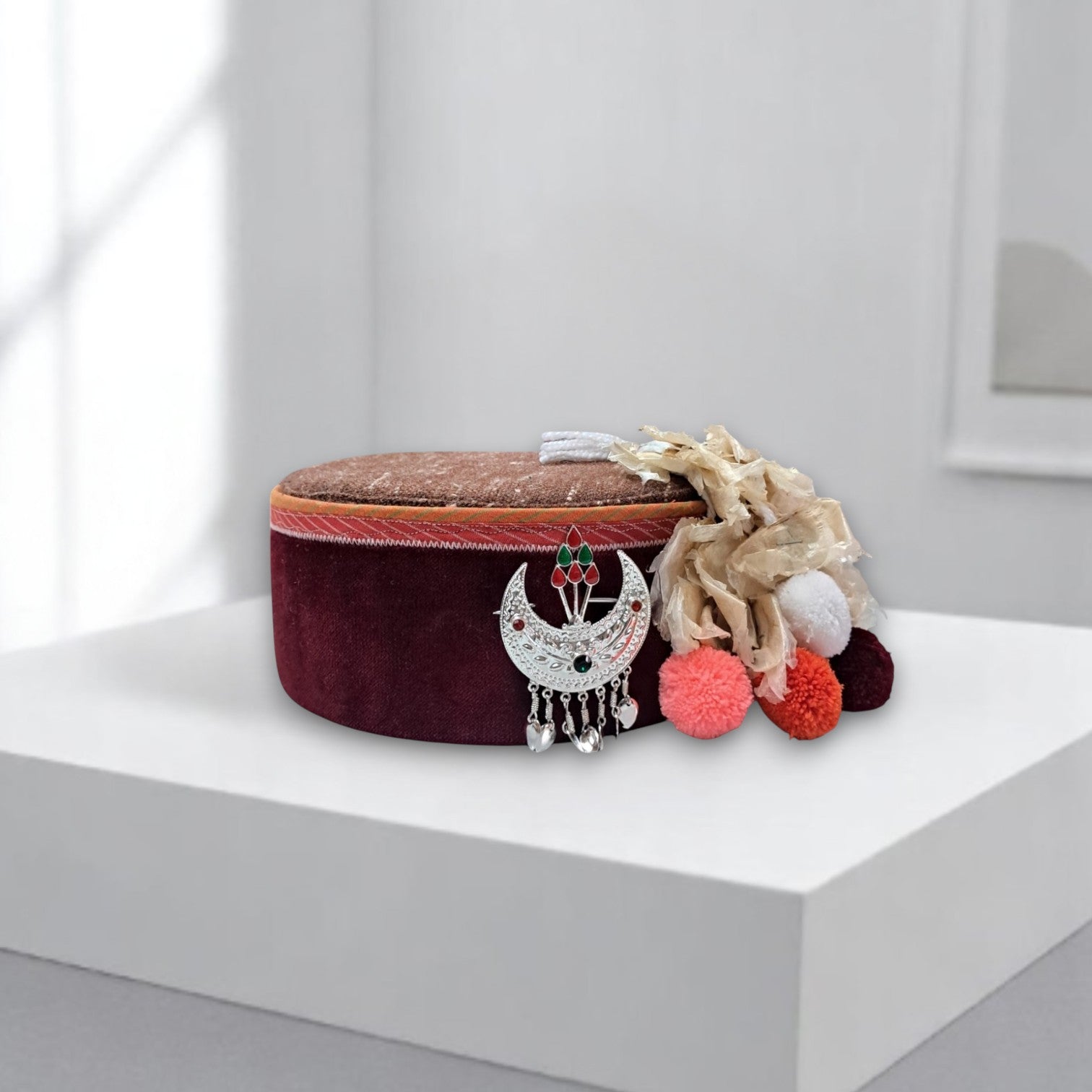 Himachali Traditional Kinnauri Topi with Maroon Patti and Pom-Poms Flower, Silver Chand on top Unisex Cap