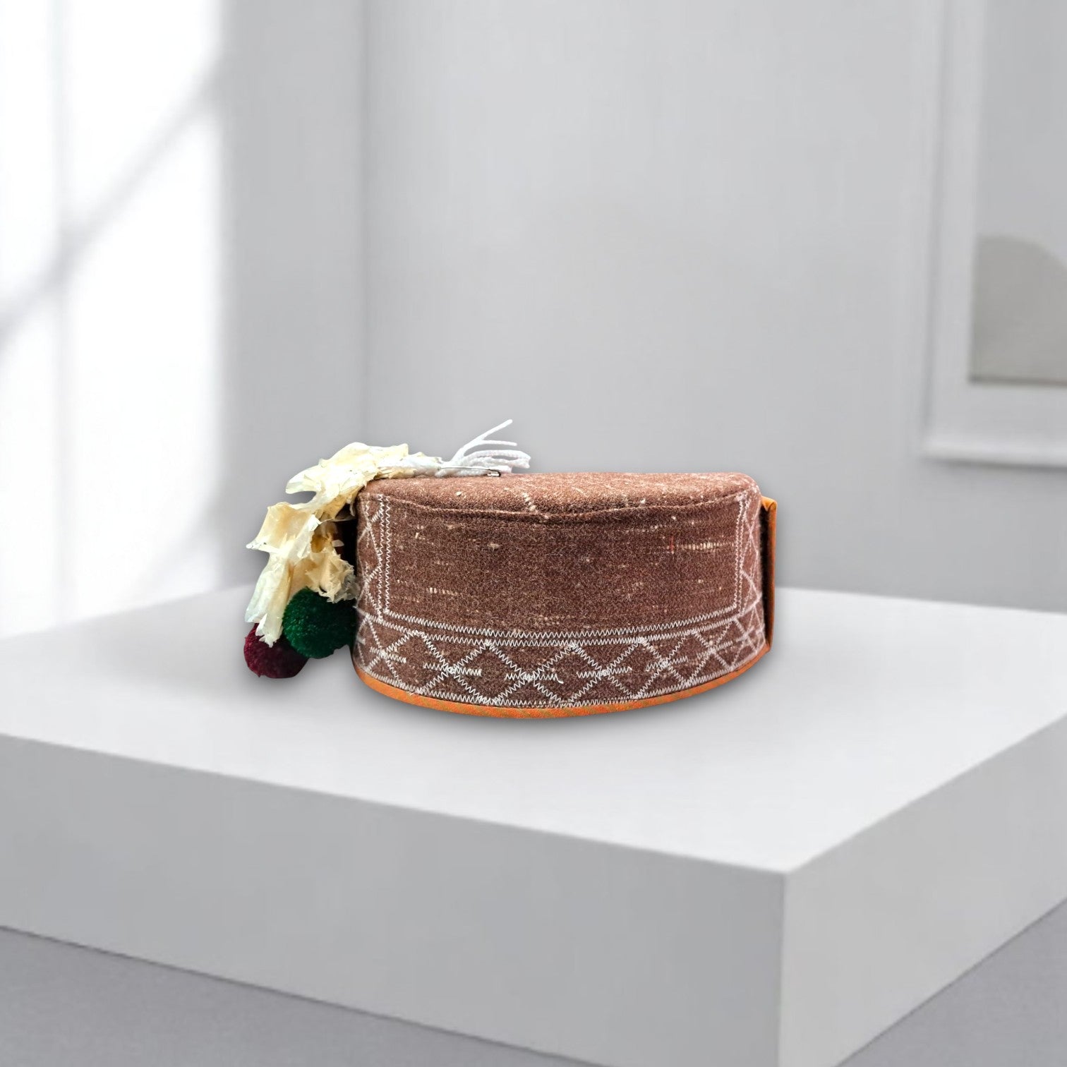 Himachali Traditional Kinnauri Topi with Maroon Patti and Pom-Poms Flower, Silver Chand on top Unisex Cap