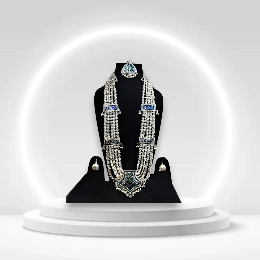 Traditional Himachali Big Size Chandrahaar And Mang Tikka Earrings- Authentic Silver-Finish Jewellery by Himalyan Threads for Wedding & Festival Wear
