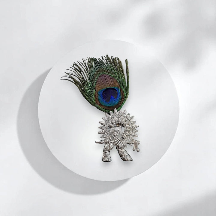 Radhe Krishna Flute Kalgi for Himachali & Uttarakhandi Cap – Silver Metal Handcrafted Brooch 🏔️