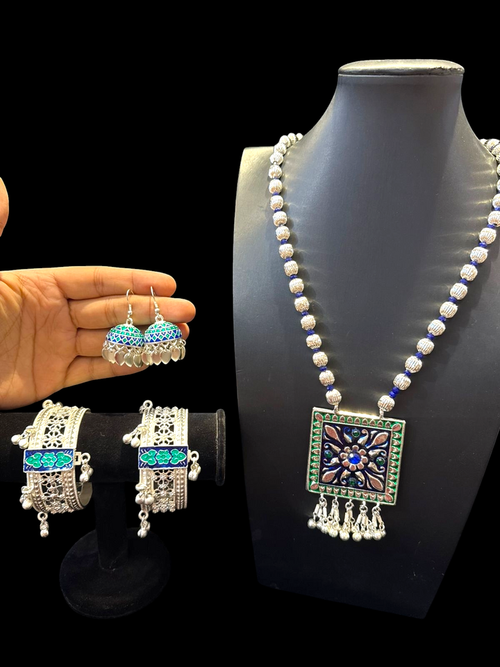 Himachali Kanthmala Jewellery Set – Dodmala Necklace with Kangan & Earrings | Traditional Pahadi Tribal Bridal Jewellery in Oxidized Silver