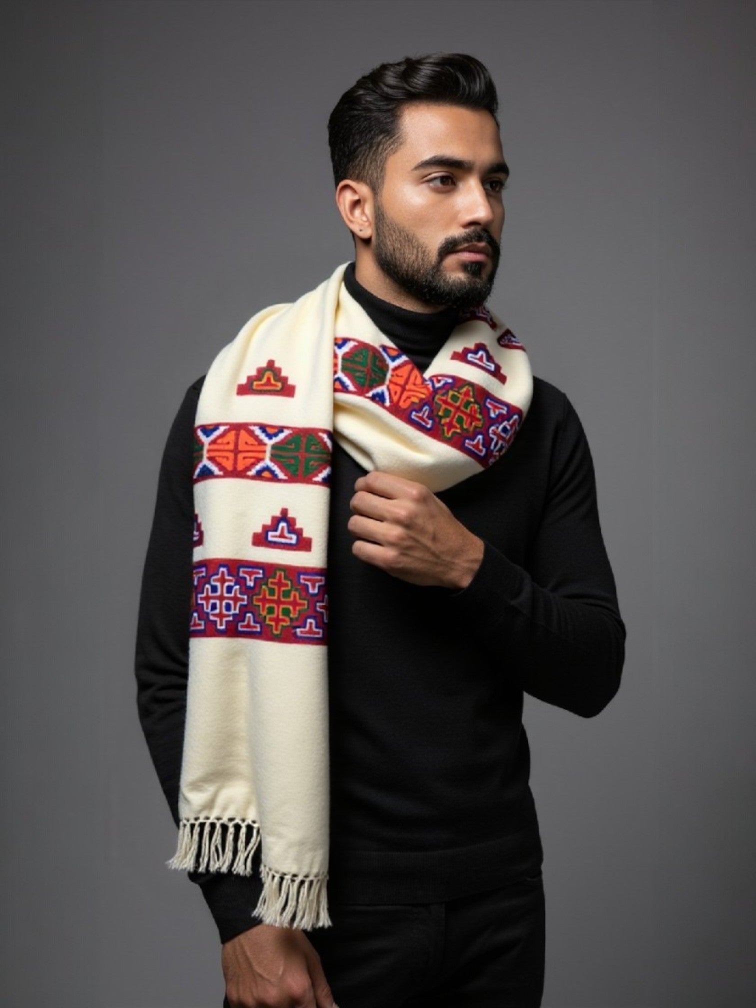 Women Premium Kinnauri Patti Woolen Stole - 100% Pure with Intricate Embroidery (Detailing) on All Four Sides (Unisex)